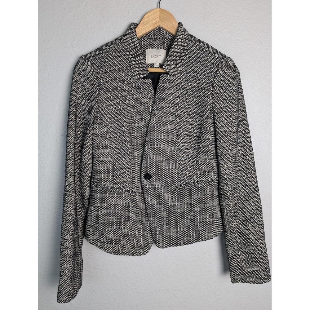 LOFT Suit Jacket Womens 2 Black Tweed Lined Notch Lapel One-Button Cropped